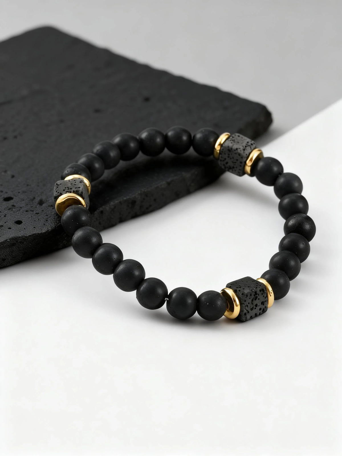 Mountain Stone Black Bead Bracelet for Men,8mm Black Agate Beaded Bracelet,Trendy Jewelry GIft