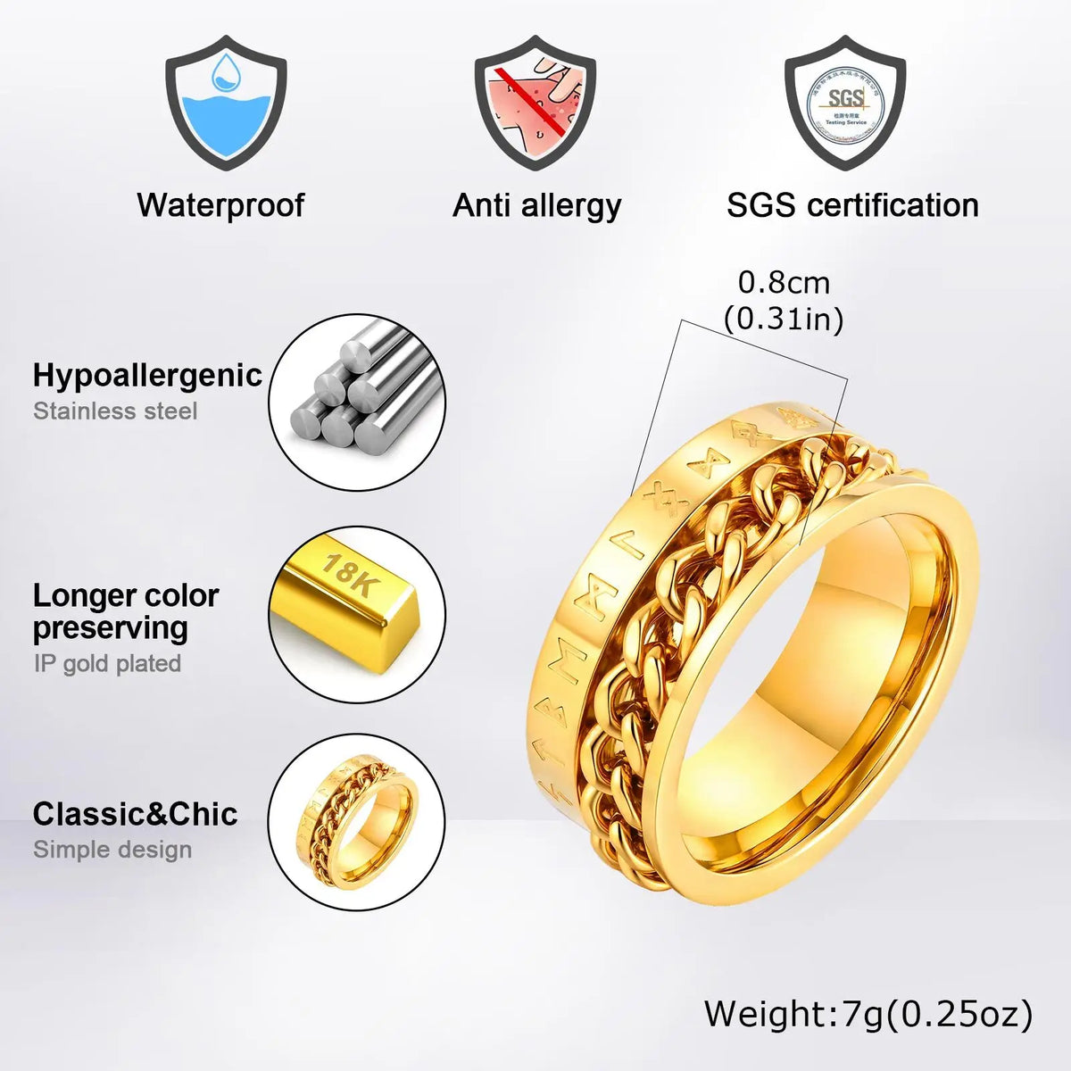 Viking Rune Chain Spinner Ring for Men,Stainless Steel Rotatable Ring,Vintage Norse Stress Relief Jewelry Gift