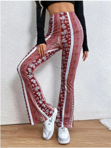Vintage Boho Spring Floral Print Casual Pants Fashion new high elasticity tight fitting micro flared Yoga Joggers pants