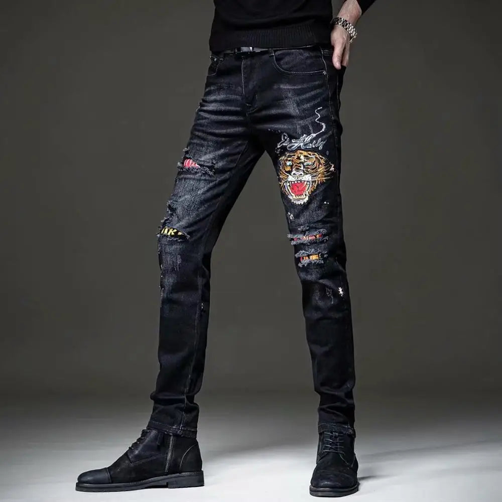 Luxury Casual Pants for Men 2023 New Summer Korean Designer Men's Jeans Slim Tiger Embroidered Harajuku Fashion Casual Trousers