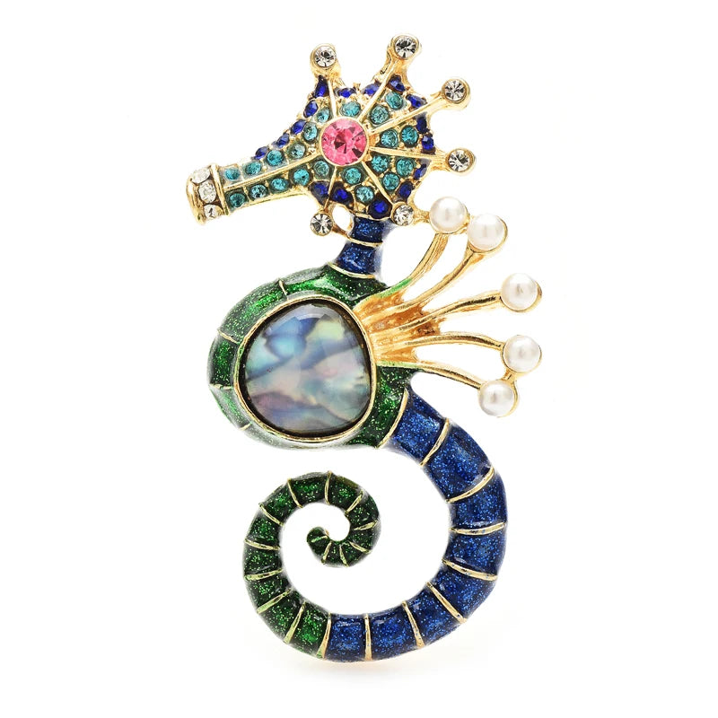 Wuli&baby Blue Rhinestone Shell Seahorse Brooch Pin Fashion Jewelry