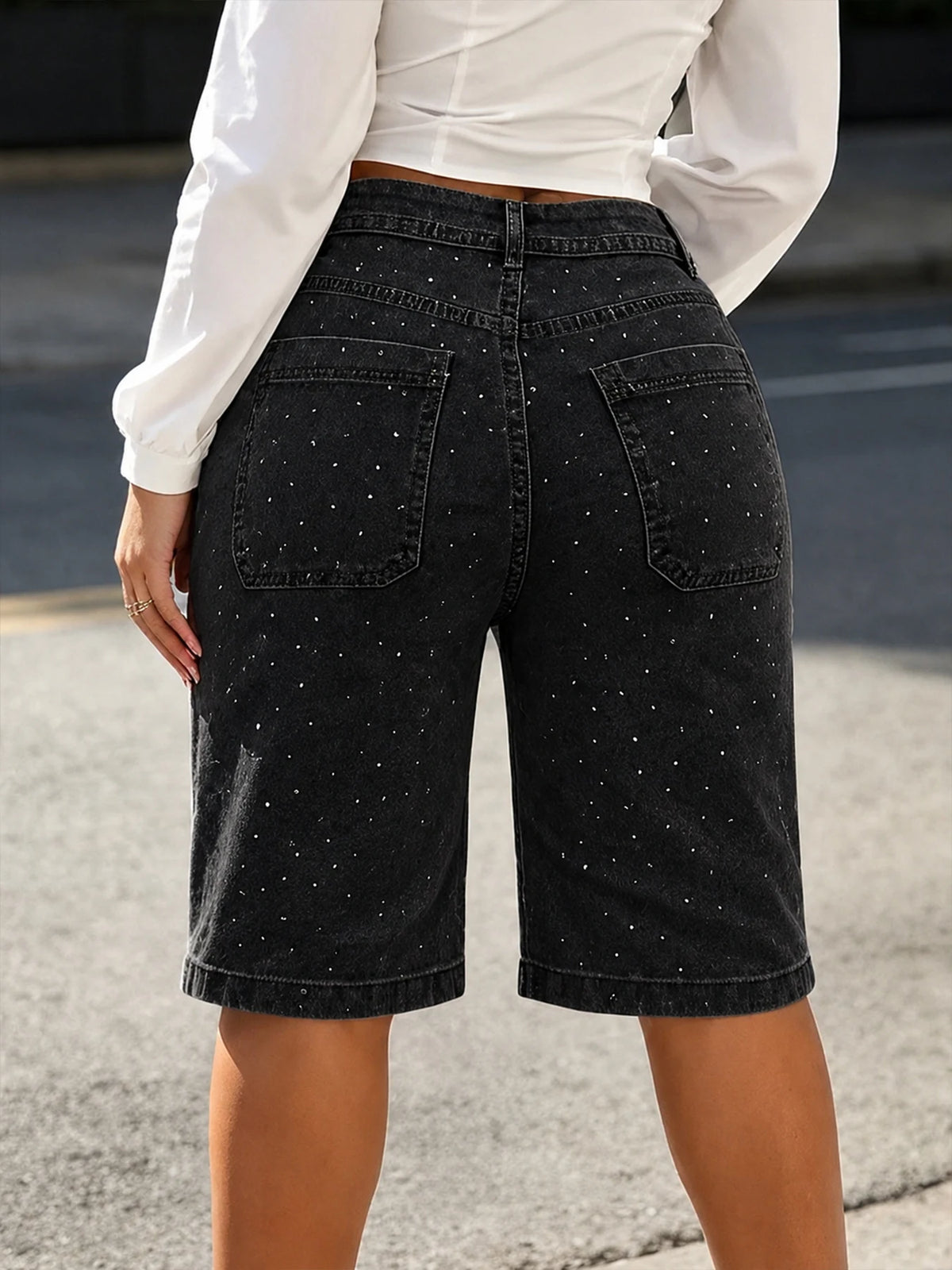New Summer Women's Rhinestone-embellished, Loose-fitting Straight-leg Cropped Jeans, Includes a Belt, Comfortable Fit, Summer outfits for women