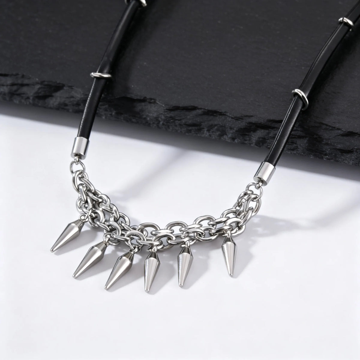 Rock Punk Rivet Leather Necklace for Men,Stainless Steel Tassel Chain Choker,Street Rapper Biker Jewelry Gift