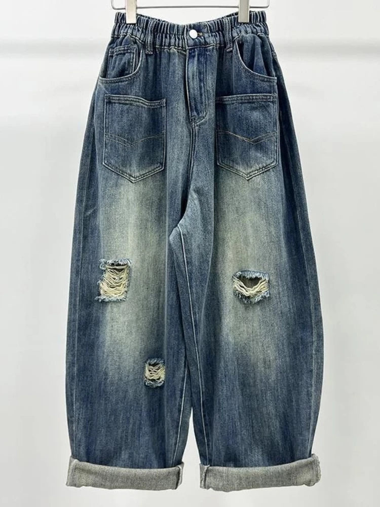 Summer ripped loose denim dad pants women's fashion personality elastic high waisted versatile casual carrot pants trendy
