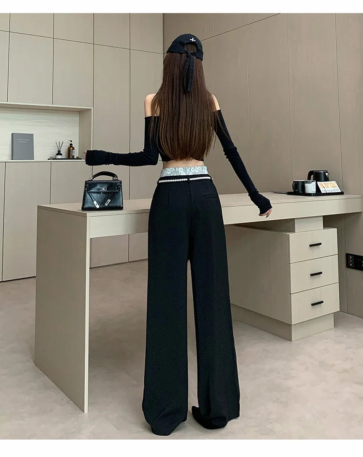 PENDRA Lace Panel High Waist Wide Leg Suit Pants