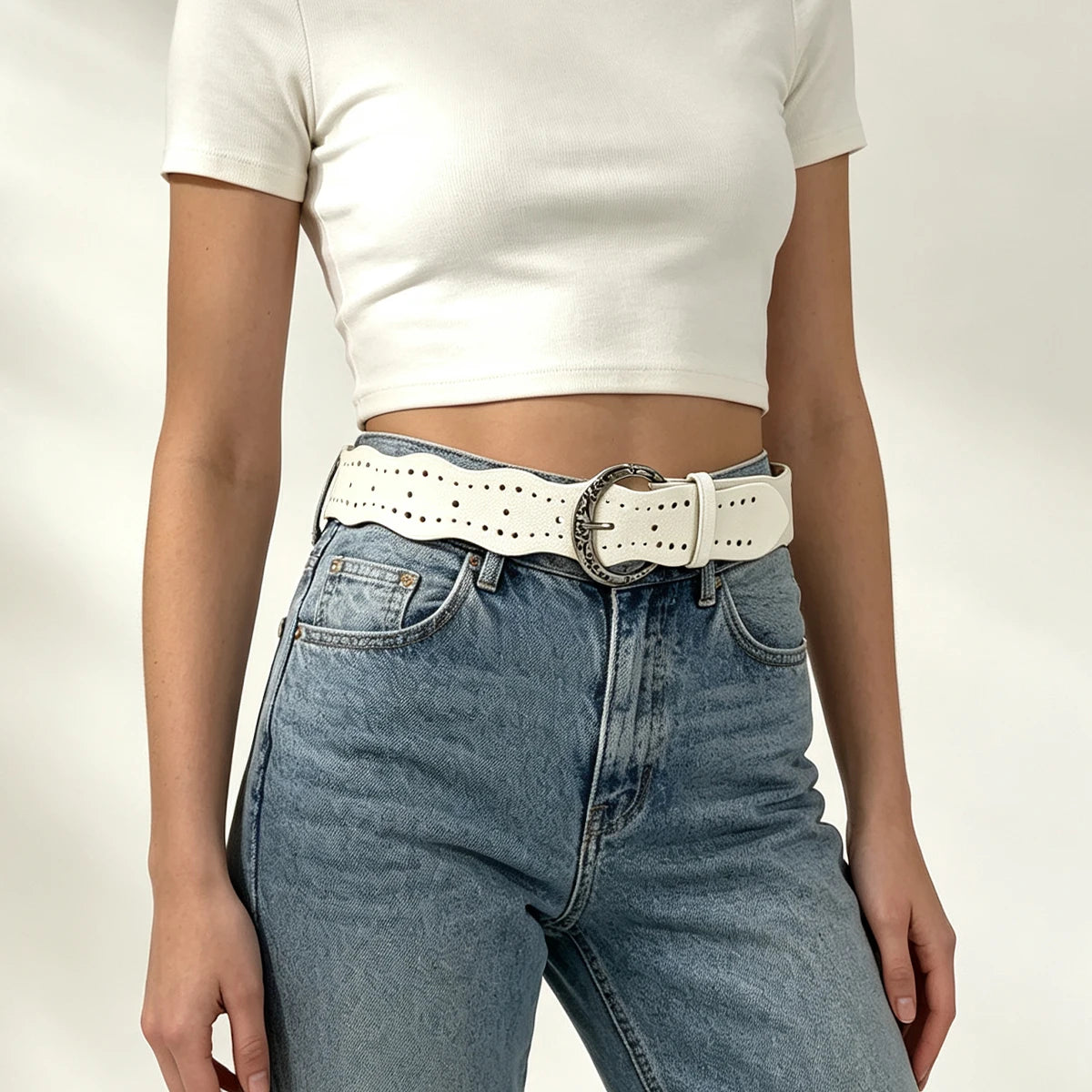 PENDRA Rhealia Leather Silver Pin Buckle Wide Belt