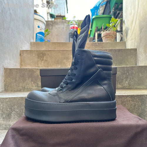 Black Geobasket Leather Boot, Designer Women Ankle Boot, Platform 6cm Shoe, Casual Luxury Men Shoe, Zip Flat Street Men Sneaker