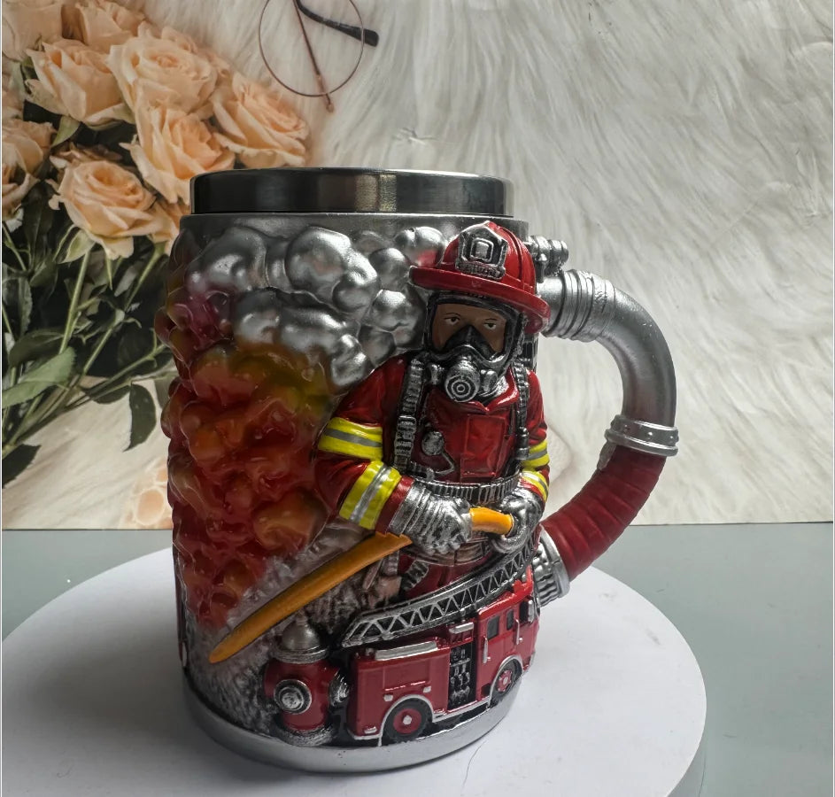 3D Firefighter Resin Mug Creative Fireman Coffee Cup with Hose Handle Fire Truck Relief Collectible Gift