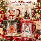 Christmas Double Wall Glass Mug Red Handle Xmas Snowman Reindeer Coffee Cup Holiday Decor Gift