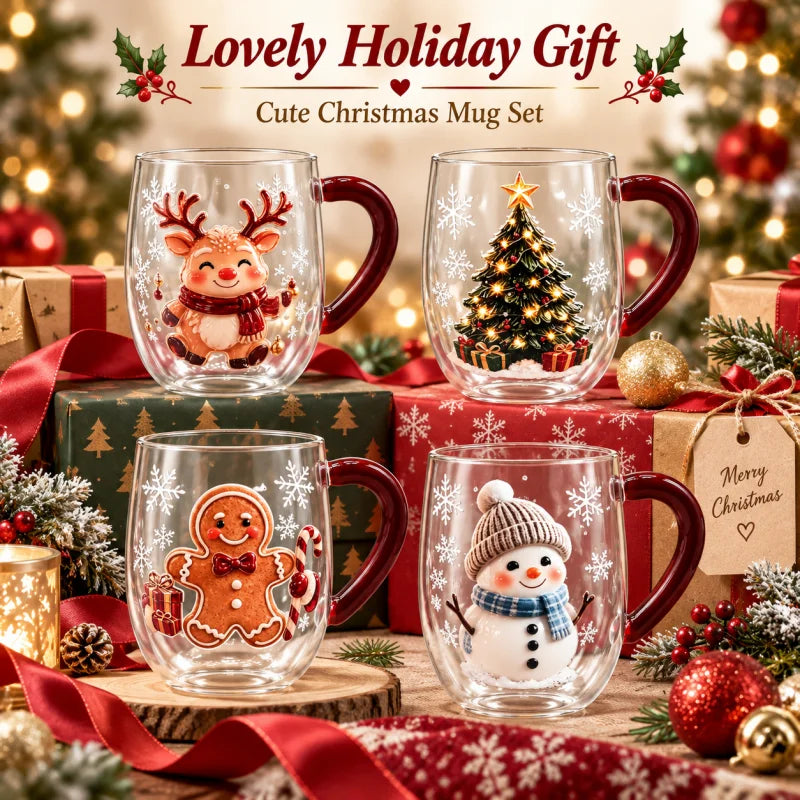 Christmas Double Wall Glass Mug Red Handle Xmas Snowman Reindeer Coffee Cup Holiday Decor Gift