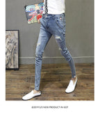 Light-colored Distressed Denim Cropped Trousers For Men Personality Slant Pocket Design, Embroidered Slim-fit Pencil Trousers