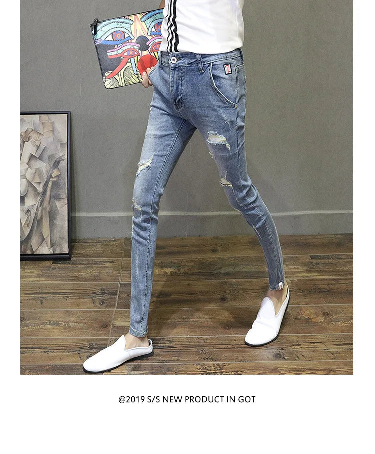 Light-colored Distressed Denim Cropped Trousers For Men Personality Slant Pocket Design, Embroidered Slim-fit Pencil Trousers