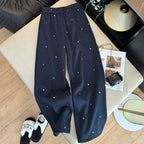 Design sense contrasting color embroidery casual pants women in winter elastic waist straight high waist wide leg pants