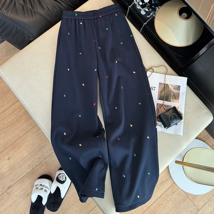 Design sense contrasting color embroidery casual pants women in winter elastic waist straight high waist wide leg pants