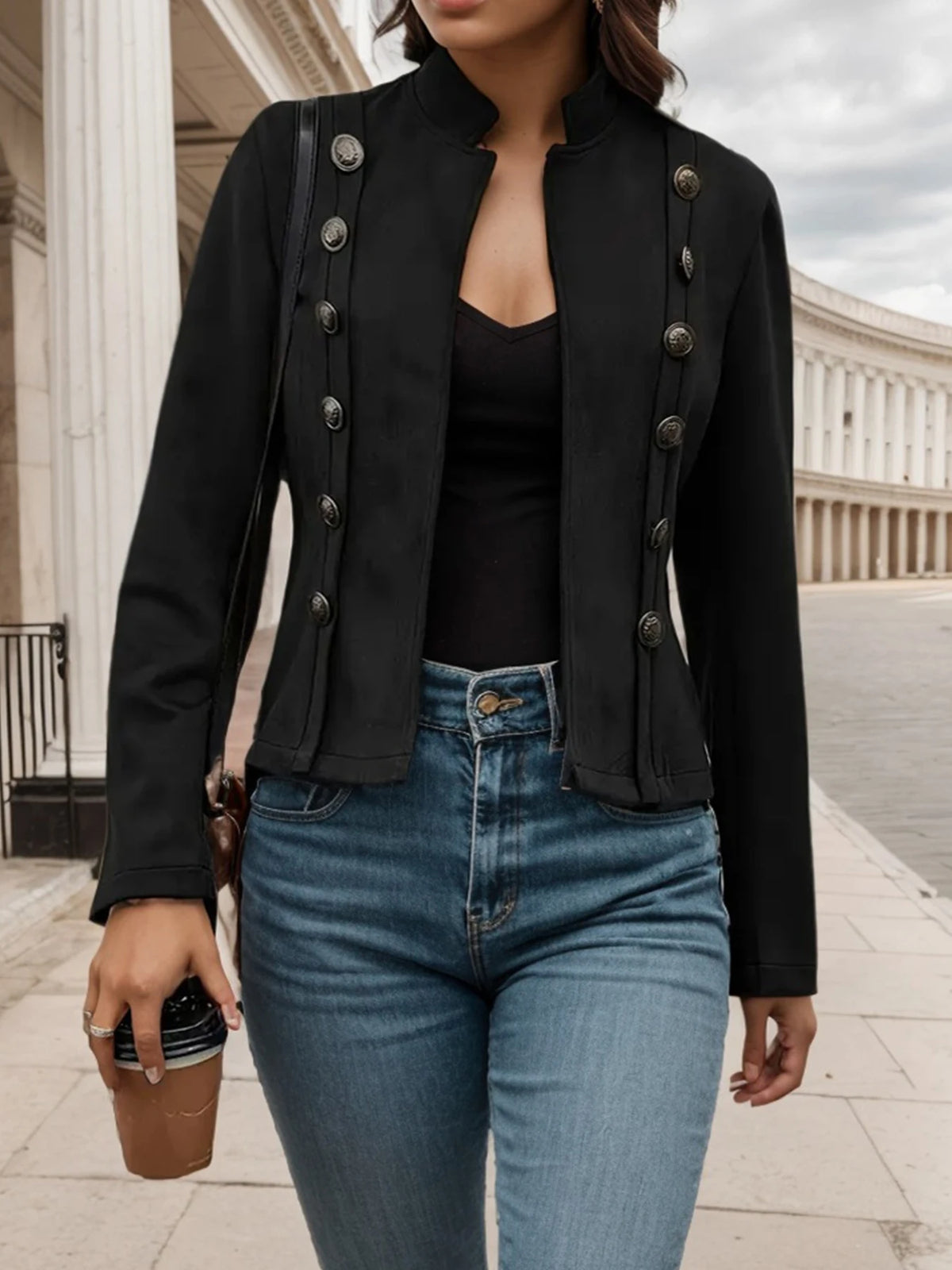 Double breasted solid color casual jacket, elegant long sleeved jacket, suitable for spring and autumn seasons
