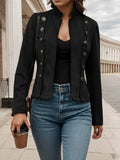 Double breasted solid color casual jacket, elegant long sleeved jacket, suitable for spring and autumn seasons