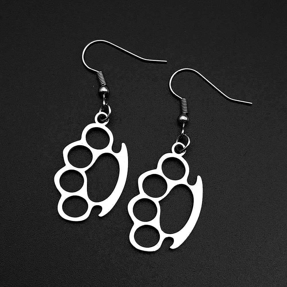 Brass Knuckles Dangle Earrings Punk Gothic Stainless Steel Earring Rivet Spike Hook Style For Edgy Streetwear Jewelry Gifts