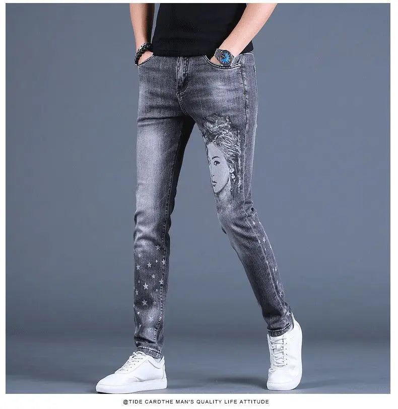 PENDRA Denim Cotton Printed Trousers