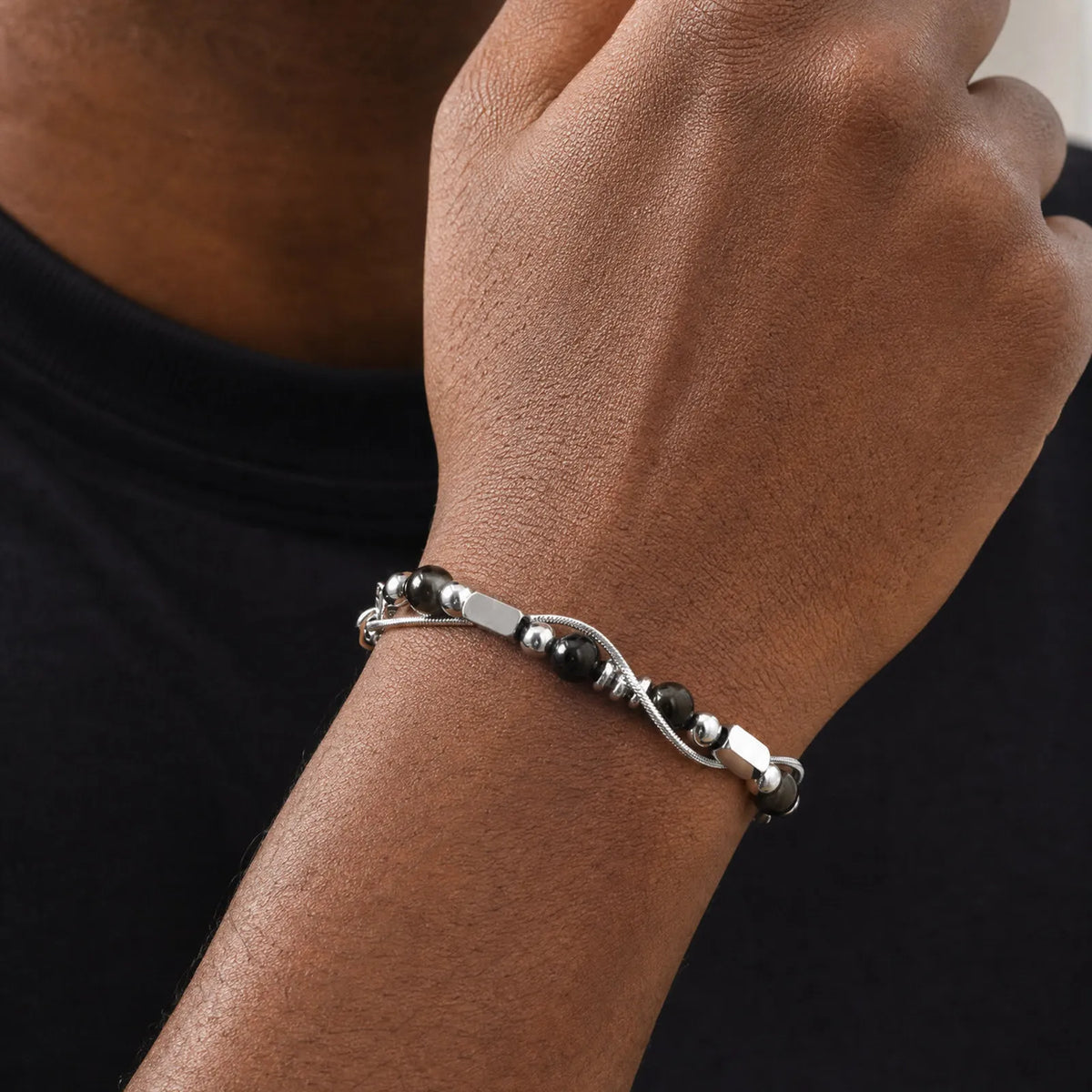 Hip Hop Natural Stone Beaded Bracelet for Men,Stainless Steel Adjustable Chain Wristband,New Stacked Jewelry Gift