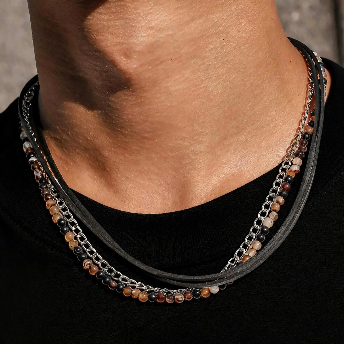 Rock Punk Layering Necklace for Men,Casual Vintage Beads Leather Collars,Birthday Party Jewelry Gift