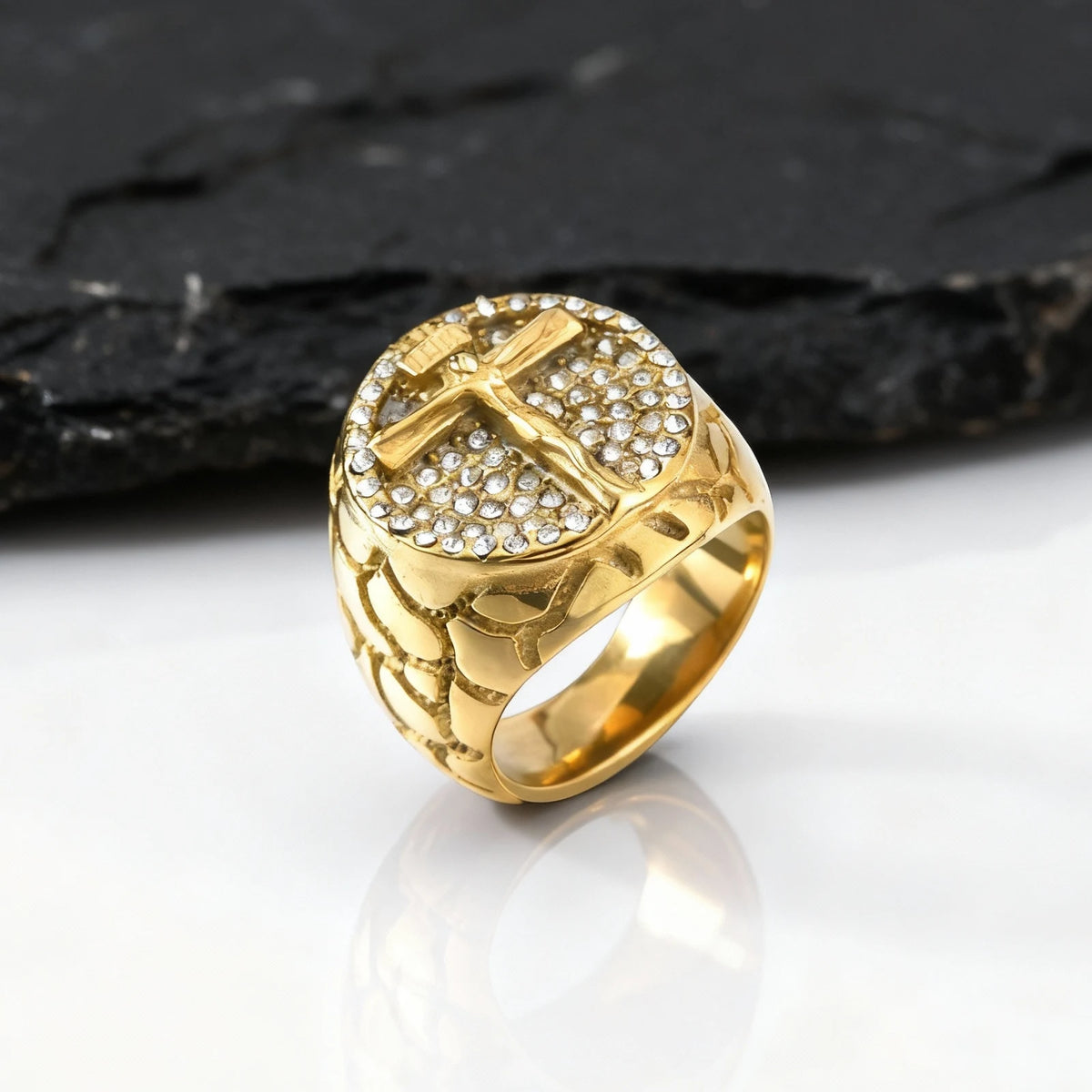 Gold Color Crucifix Jesus Cross Rings for Men,Hip Hop Stainless Steel Signet Ring with Full Rhinestone,Rapper Party Jewelry Gift