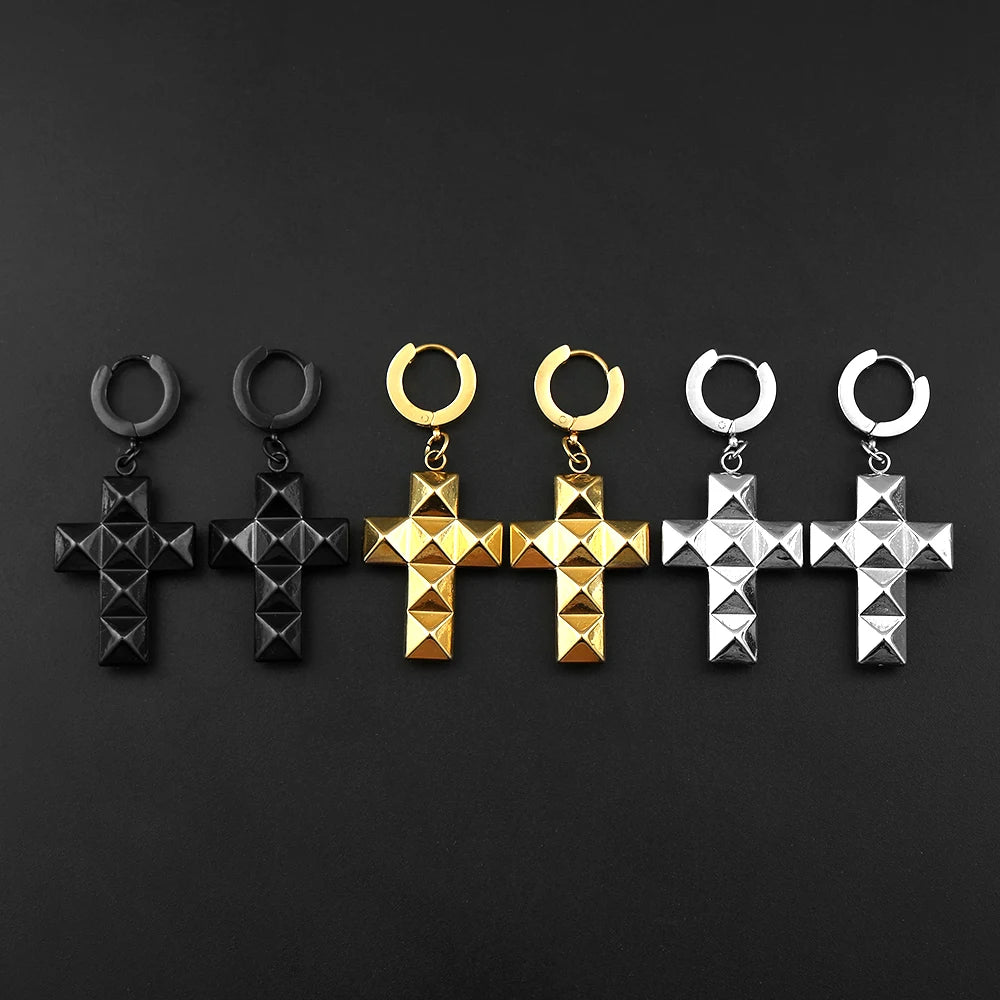 Stainless Steel Studded Rivet Cross Hoop Earrings Cool Punk Gothic Rock Pyramid Cross Drop Earrings for Men Women Goth Jewelry
