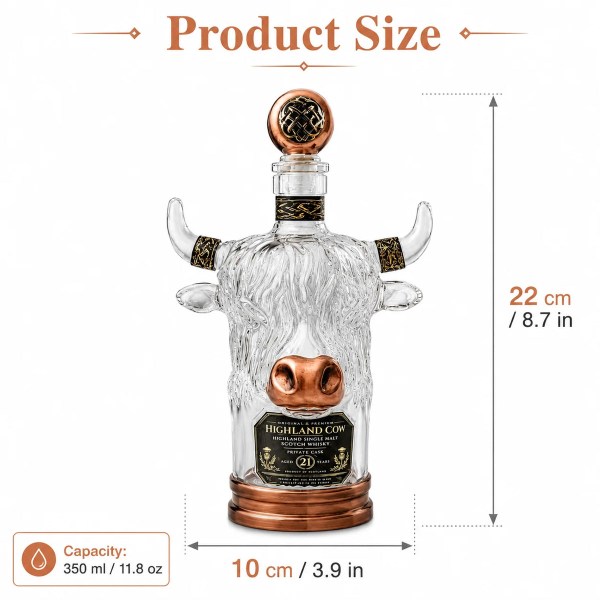 Scottish Highland Cow Glass Whiskey Decanter Vintage Copper Accent Liquor Bottle for Home Bar Display and Men’s Gift