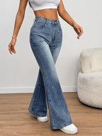 Women's High Street Fashion High-Waist Stretch Slim Fit Flared Pants, Simple and Versatile, Blue Long Pants