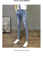 Light-colored Distressed Denim Cropped Trousers For Men Personality Slant Pocket Design, Embroidered Slim-fit Pencil Trousers