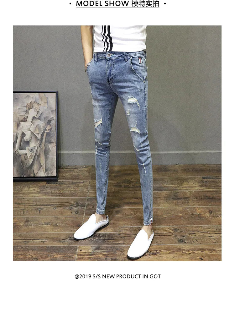 Light-colored Distressed Denim Cropped Trousers For Men Personality Slant Pocket Design, Embroidered Slim-fit Pencil Trousers