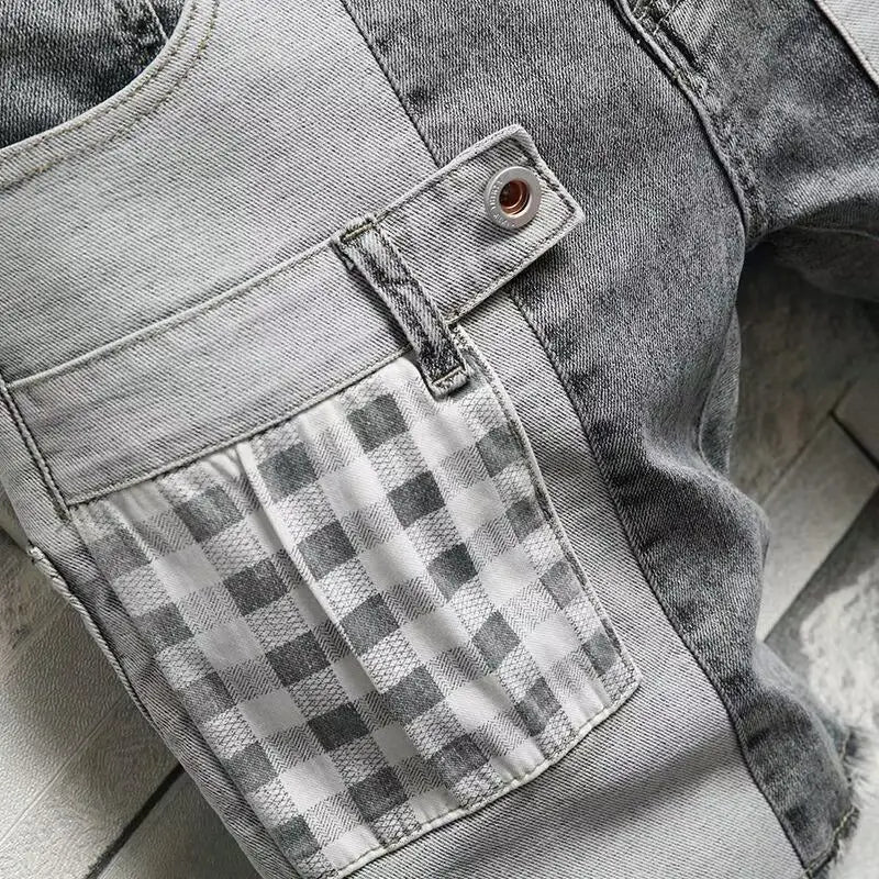 Summer 2025 Retro Luxury Man Washed Splicing Denim Shorts Men's Loose Straight Ins Patchwork Cowboy Trendy Casual Short Pants