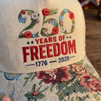 Embroidered Floral USA 250th Anniversary Hat, 250 Years of Freedom Cap, America 1776-2026 Patriotic Gift, Vintage Floral Brim Ba