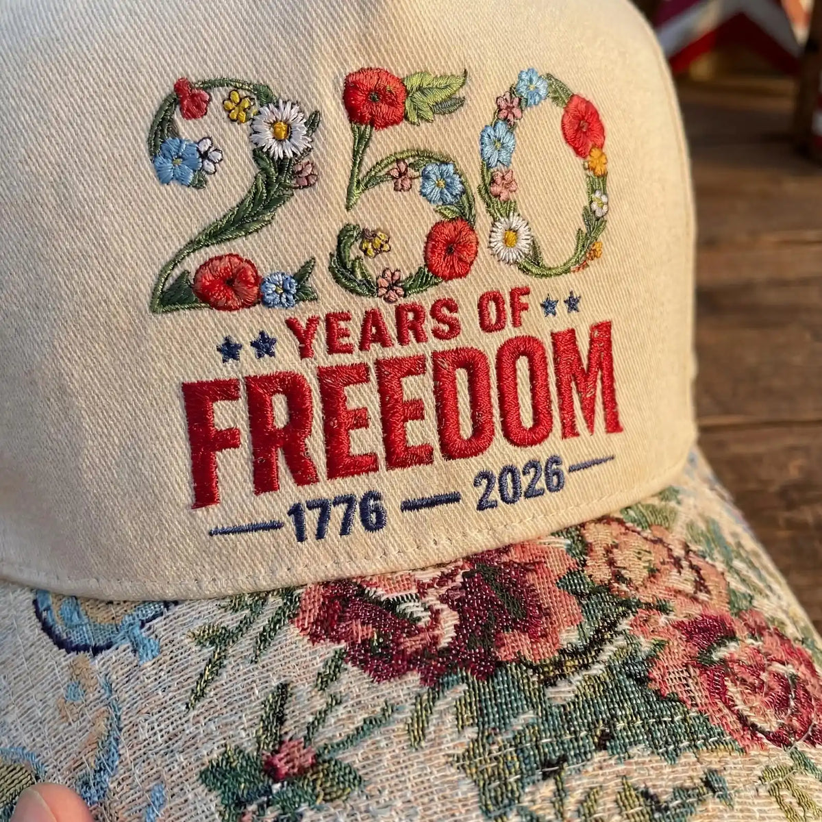 Embroidered Floral USA 250th Anniversary Hat, 250 Years of Freedom Cap, America 1776-2026 Patriotic Gift, Vintage Floral Brim Ba
