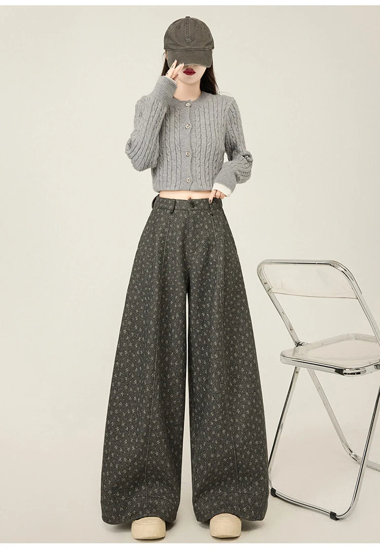 Lazy style floral print woolen suit pants women in winter new loose and versatile casual curved knife wide leg pants