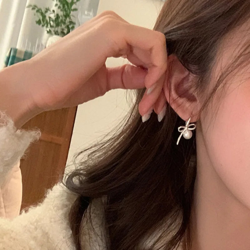 VENTFILLE 925 Sterling Silver Bow Knot Pearl Earring for Women Versatile Korean Design Gift Jewelry Dropshipping