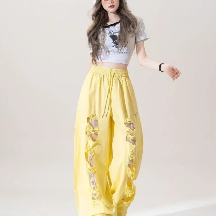 Milk yellow lace patchwork ripped jeans women's summer new high waisted drawstring star embroidered design wide leg pants