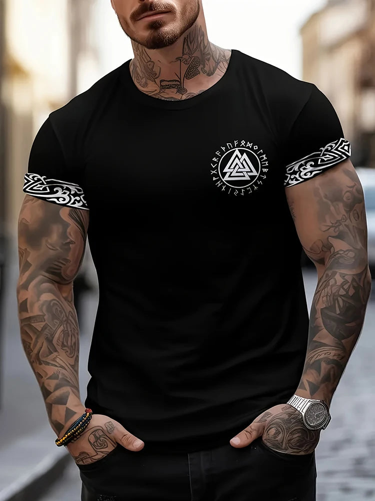 Viking-style Nordic Mythology Print Men's T-shirt Outdoor Street Sport Fitness Short-sleeved Shirt Daily Casual Fashionable Top