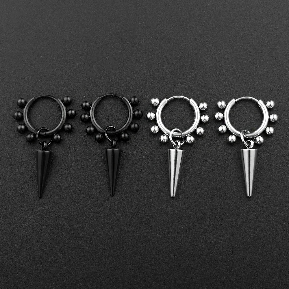 Stainless Steel Spike Cone Drop Earrings Man Punk Beaded Hoop Earrings for Men Women Gothic Hip Hop Dangle Ear Cool Jewelry Gift