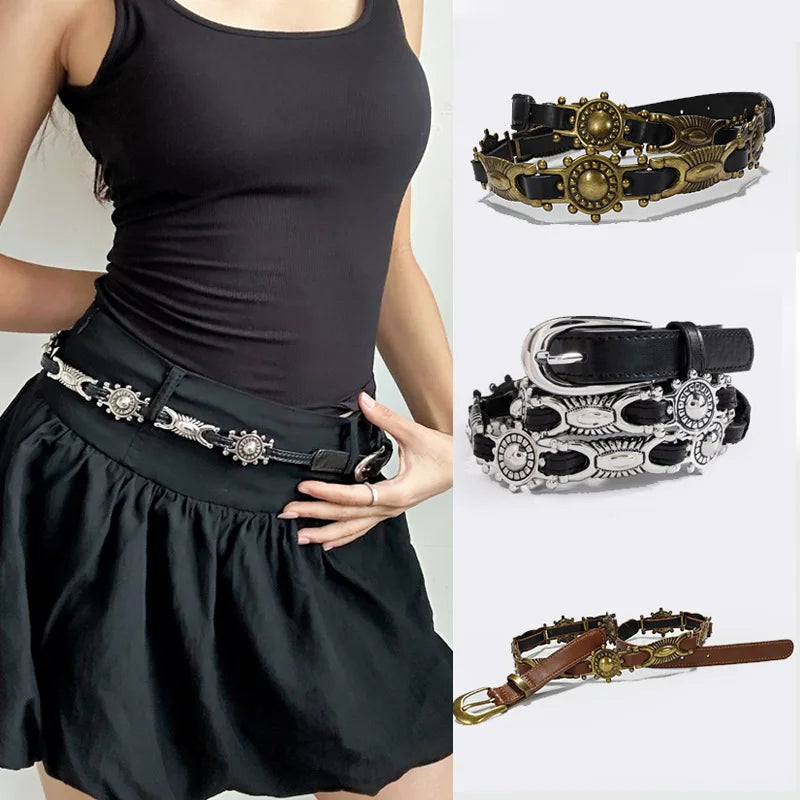 Women's Punk Chain Metal Band For Ladies Cowboy Pu Design Sense Belts Pin buckle Waistband waist Decorative On Denim Dress Coat
