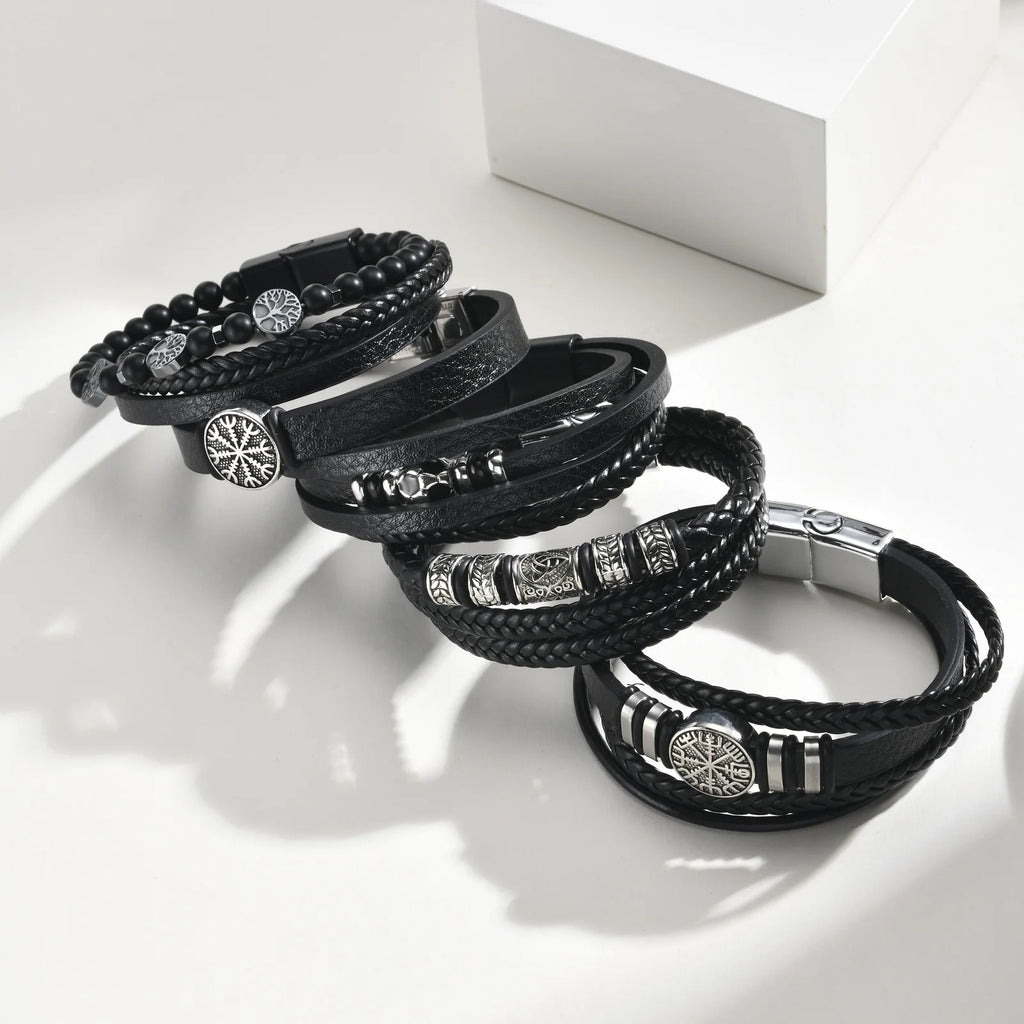 Men Multilayer Braided Leather Bracelets,Vintage Viking Compass Shape Metal Charm Wristband,Punk Stackable Bangle Jewelry Gift