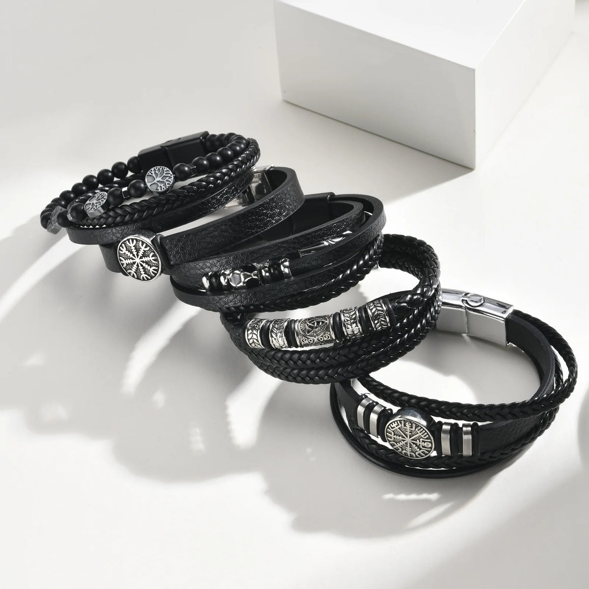 Men Multilayer Braided Leather Bracelets,Vintage Viking Compass Shape Metal Charm Wristband,Punk Stackable Bangle Jewelry Gift
