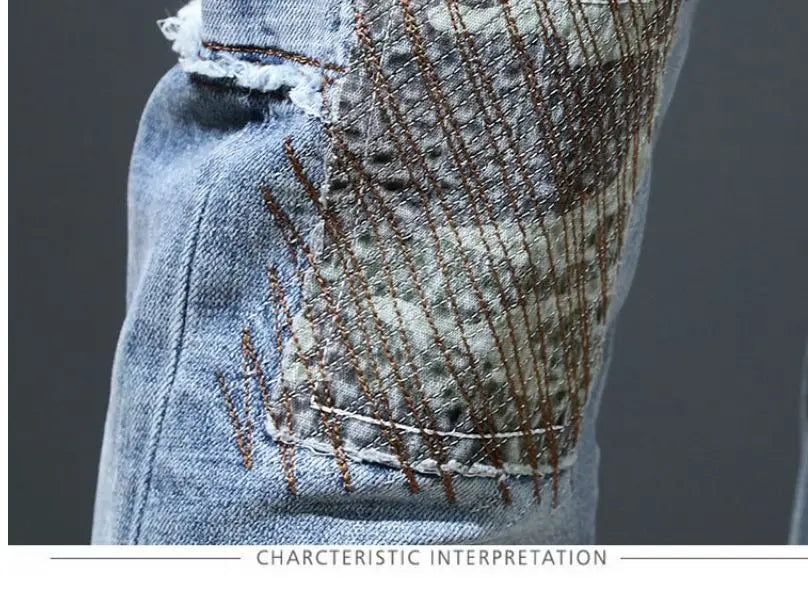 Autumn New Arrival Men's Jeans: Elastic Embroidered Patchwork Hip Hop Denim Pants Korean Style Slim Fit Cotton Trousers for Men