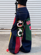 American Retro Alphanumeric Cartoon Printed Button-Down Design Cocoon Jeans, Y2K Street Hip-Hop Fashion Versatile Wide-Leg Pants For Women