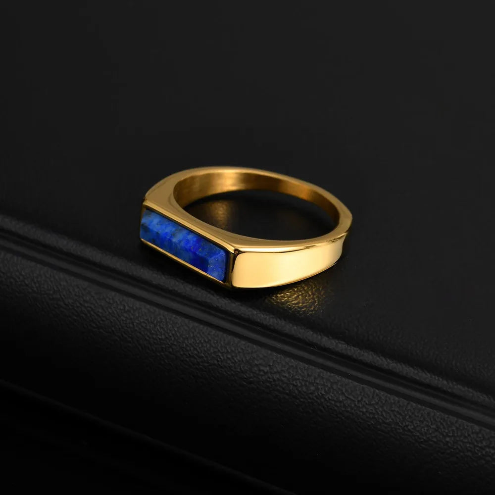 Blue Natural Stone Signet Ring for Men,Minimalist Thin Square Stainless Steel Ring ,Simple Male Ring Gift
