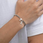 Men's Initials Cross Bracelets,Never Fade A-Z 26 Letters Stainless Steel Chain Links Cross Wristband,Stylish Simple Jewelry Gift