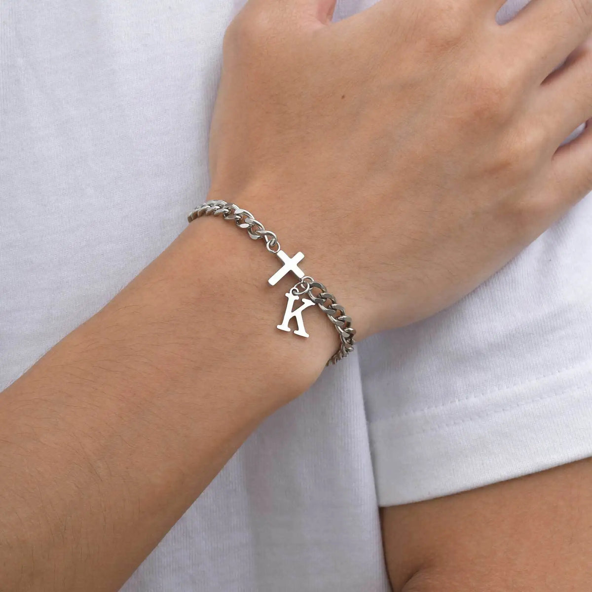 Men's Initials Cross Bracelets,Never Fade A-Z 26 Letters Stainless Steel Chain Links Cross Wristband,Stylish Simple Jewelry Gift