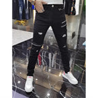 Luxury 2023 Men's High Street Korean Black Jeans with Zipper Distressed Hole Designer Youth Trend Slim-Fit Black Cotton Trousers