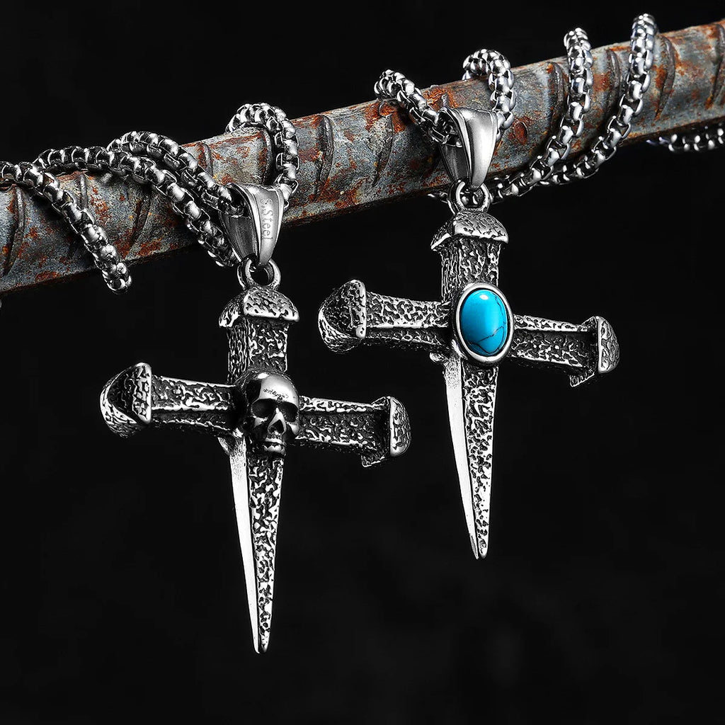 PENDRA Skull Turquoise Cross Steel Necklace