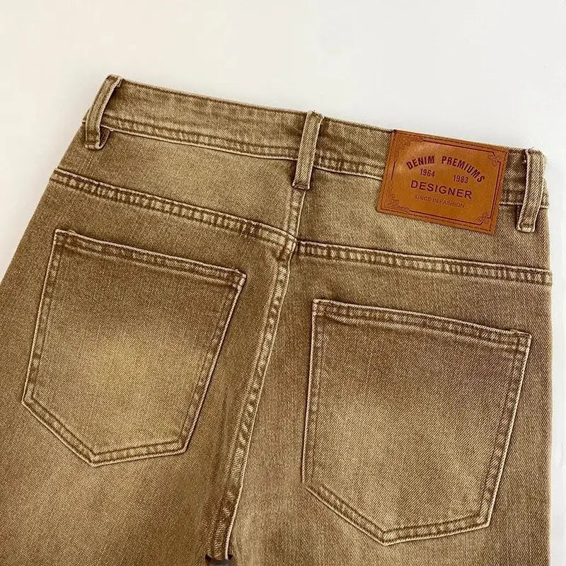 High-end 2026 Luxury Brand Clothes Khaki Jeans Men's Light Luxury Washed Casual Elastic Slim Small Feet Embroidered Long Pants