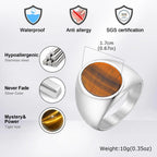 Punk Tiger Eye Stone Signet Ring for Men,Vintage Stainless Steel Natural Stone Round Sqare Ring,Stylish Causal Male Jewelry